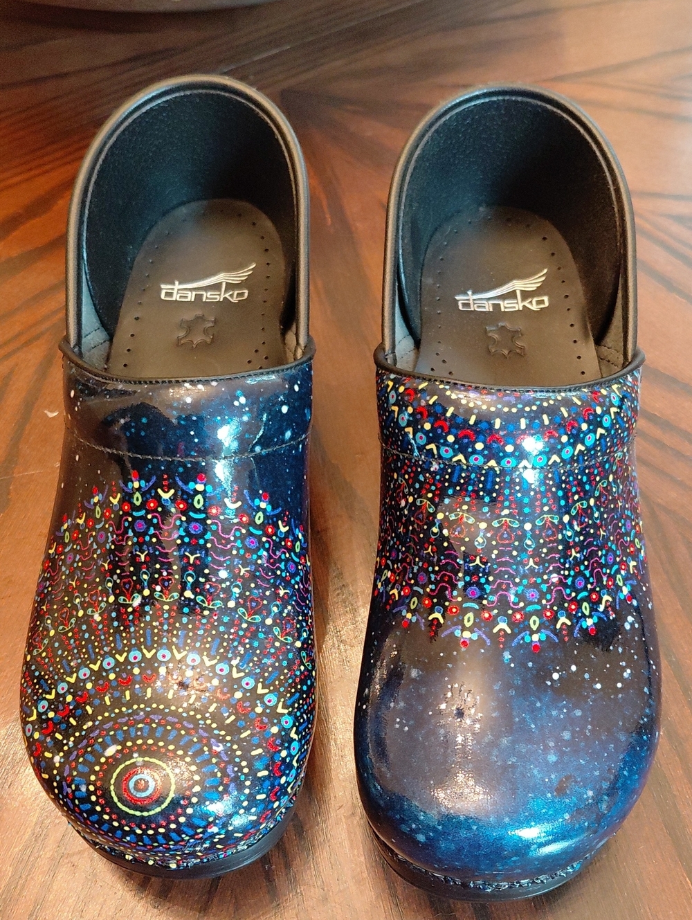 "Dansko" Navy Cosmos-Print Clogs with Multicolor Dot Mandala Sz..9-9.5. Perfect!